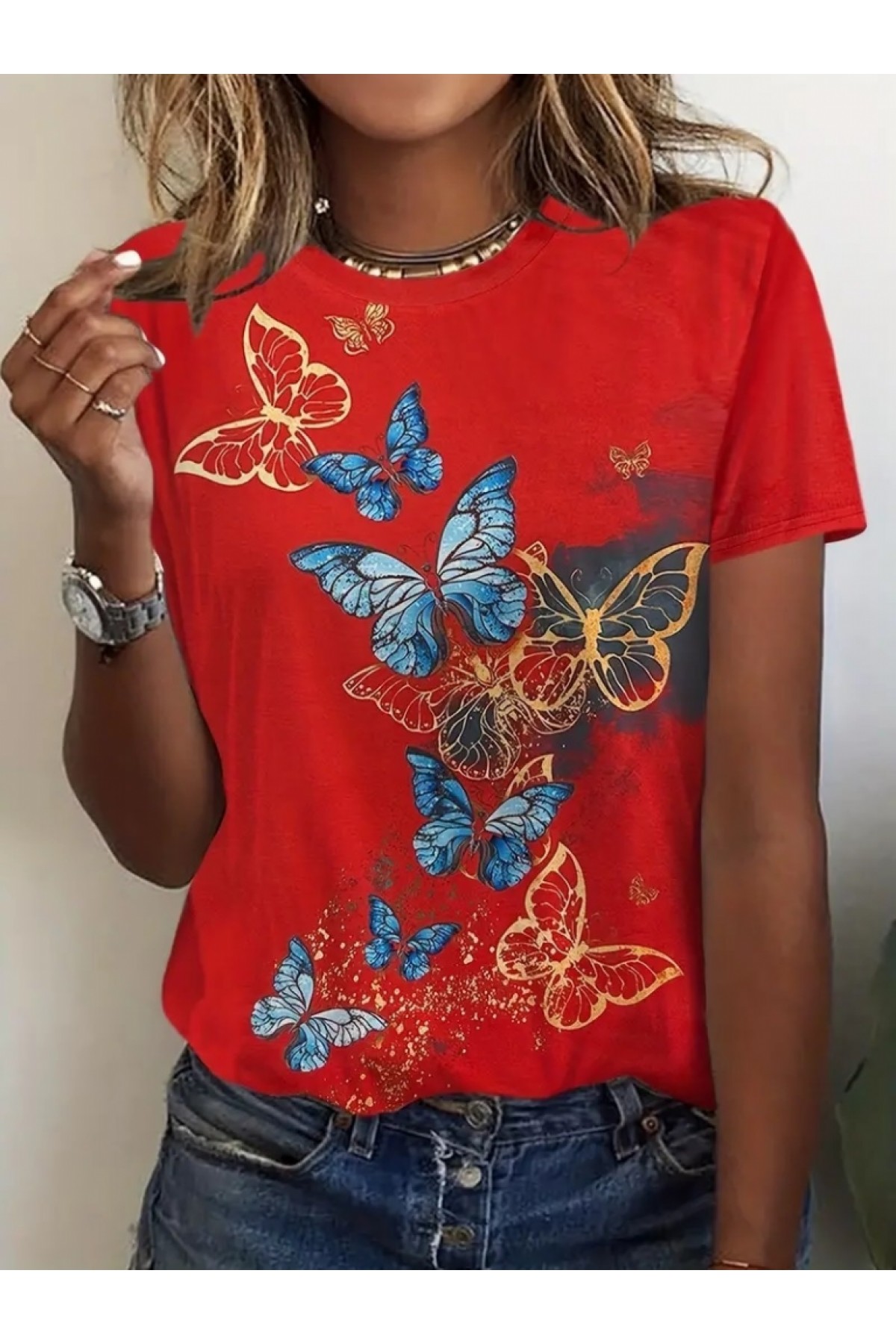 Women's Short Sleeve Blue Yellow Butterfly Printed Jersey Blouse, 23800